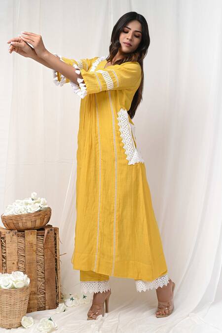 Buy_Gulabik Jaipur_Yellow Handloom Cotton, Chanderi Persian Blossom Embellished Kurta Pant Set _Online_at_Aza_Fashions