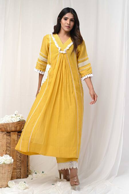 Shop_Gulabik Jaipur_Yellow Handloom Cotton, Chanderi Persian Blossom Embellished Kurta Pant Set _Online_at_Aza_Fashions