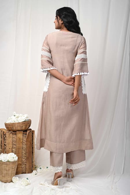 Gulabik Jaipur_Beige Handloom Cotton, Chanderi Persian Flora Embellished Kurta Pant Set _Online_at_Aza_Fashions