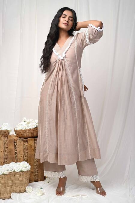 Shop_Gulabik Jaipur_Beige Handloom Cotton, Chanderi Persian Flora Embellished Kurta Pant Set _Online_at_Aza_Fashions