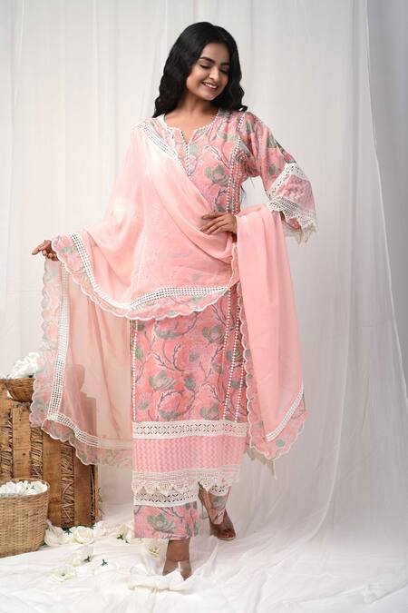 Gulabik Jaipur_Peach Chanderi, Handloom Cotton Lace Blossom Print Embellished Kurta Pant Set_Online_at_Aza_Fashions