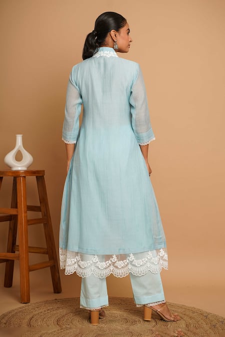 Gulabik Jaipur_Blue Handloom Cotton, Chanderi Lace Florin Bloom Embellished Kurta With Pant _Online_at_Aza_Fashions