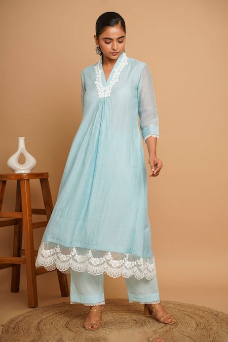Shop_Gulabik Jaipur_Blue Handloom Cotton, Chanderi Lace Florin Bloom Embellished Kurta With Pant _Online_at_Aza_Fashions