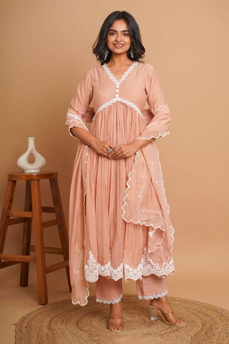 Buy_Gulabik Jaipur_Peach Chanderi Lace V-neck Gardenia Embellished Anarkali Set _Online_at_Aza_Fashions
