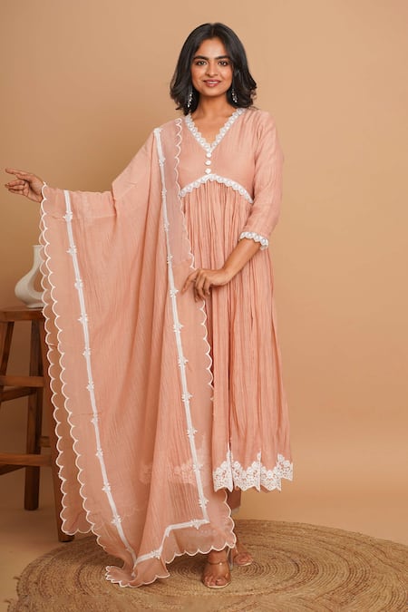 Shop_Gulabik Jaipur_Peach Chanderi Lace V-neck Gardenia Embellished Anarkali Set _Online_at_Aza_Fashions