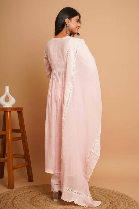 Shop Gulabik Jaipur Pink Handloom Cotton, Chanderi Lace V-neck Fleur Embroidered Anarkali Set at Aza Fashions Shop_Gulabik Jaipur_Pink Handloom Cotton, Chanderi Lace V-neck Fleur Embroidered Anarkali Set_at_Aza_Fashions