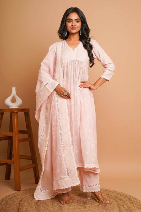 Gulabik Jaipur Pink Handloom Cotton, Chanderi Lace V-neck Fleur Embroidered Anarkali Set Online at Aza Fashions Gulabik Jaipur_Pink Handloom Cotton, Chanderi Lace V-neck Fleur Embroidered Anarkali Set_Online_at_Aza_Fashions