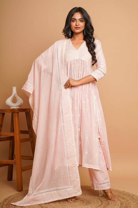 Buy Gulabik Jaipur Pink Handloom Cotton, Chanderi Lace V-neck Fleur Embroidered Anarkali Set Online at Aza Fashions Buy_Gulabik Jaipur_Pink Handloom Cotton, Chanderi Lace V-neck Fleur Embroidered Anarkali Set_Online_at_Aza_Fashions