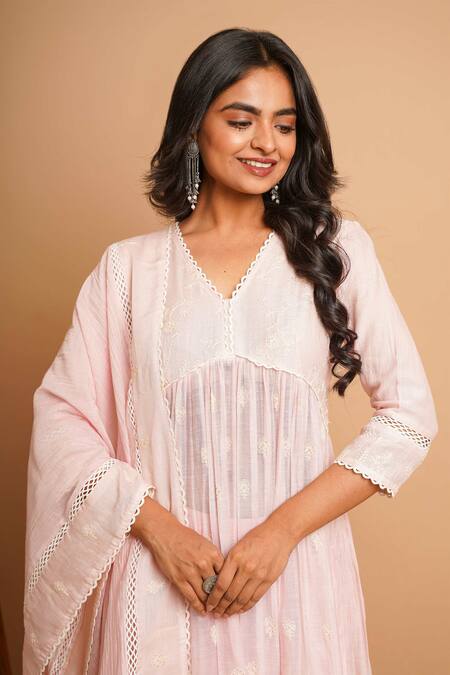Shop Gulabik Jaipur Pink Handloom Cotton, Chanderi Lace V-neck Fleur Embroidered Anarkali Set Online at Aza Fashions Shop_Gulabik Jaipur_Pink Handloom Cotton, Chanderi Lace V-neck Fleur Embroidered Anarkali Set_Online_at_Aza_Fashions