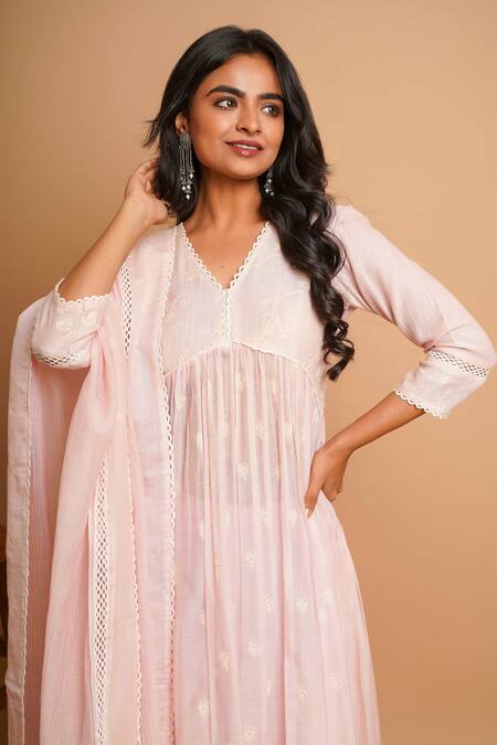 Gulabik Jaipur Pink Handloom Cotton, Chanderi Lace V-neck Fleur Embroidered Anarkali Set at Aza Fashions Gulabik Jaipur_Pink Handloom Cotton, Chanderi Lace V-neck Fleur Embroidered Anarkali Set_at_Aza_Fashions