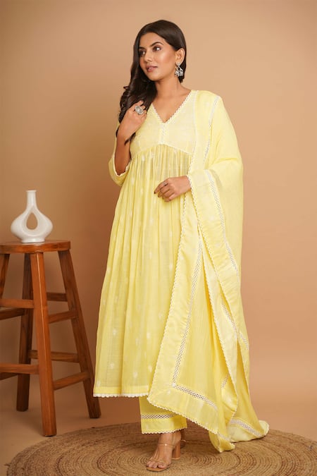 Gulabik Jaipur_Yellow Chanderi Embroidery, Lace V-neck Fleur Burst Anarkali Set_Online_at_Aza_Fashions