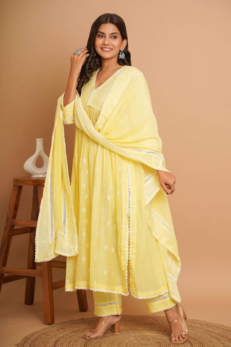 Buy_Gulabik Jaipur_Yellow Chanderi Embroidery, Lace V-neck Fleur Burst Anarkali Set_Online_at_Aza_Fashions