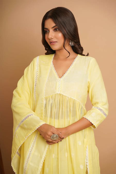 Shop_Gulabik Jaipur_Yellow Chanderi Embroidery, Lace V-neck Fleur Burst Anarkali Set_Online_at_Aza_Fashions
