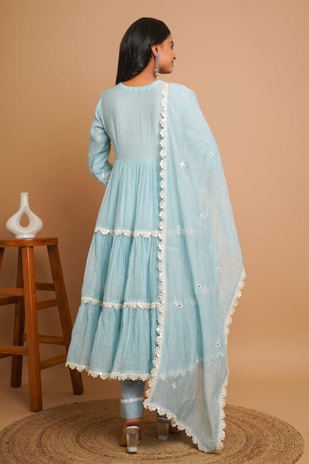 Gulabik Jaipur_Blue Chanderi Lace, Mirrors V-neck Floral Vine Embellished Tiered Anarkali Set _Online_at_Aza_Fashions