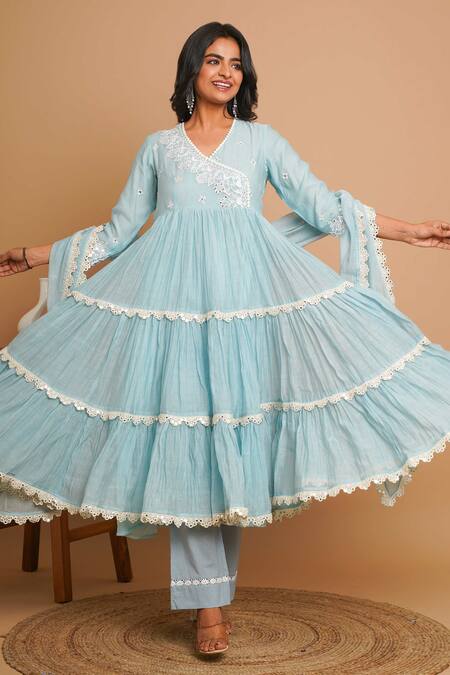 Buy_Gulabik Jaipur_Blue Chanderi Lace, Mirrors V-neck Floral Vine Embellished Tiered Anarkali Set _Online_at_Aza_Fashions