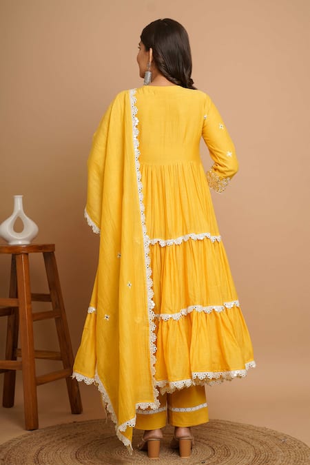 Gulabik Jaipur Yellow Handloom Cotton, Chanderi Mirrors, Vine Embellished Tiered Anarkali Set Online at Aza Fashions Gulabik Jaipur_Yellow Handloom Cotton, Chanderi Mirrors, Vine Embellished Tiered Anarkali Set _Online_at_Aza_Fashions