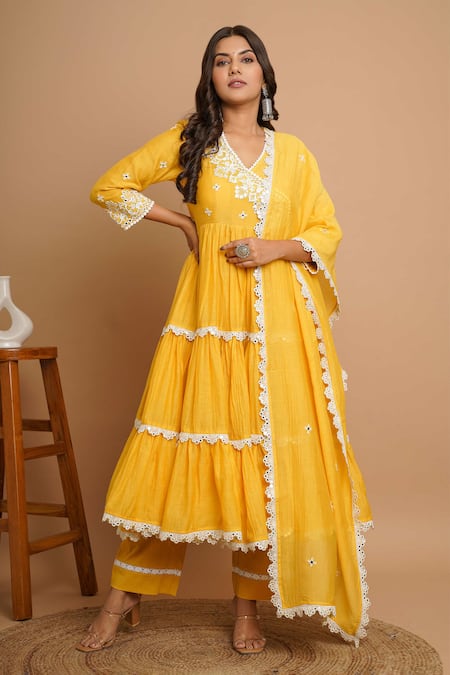 Buy Gulabik Jaipur Yellow Handloom Cotton, Chanderi Mirrors, Vine Embellished Tiered Anarkali Set Online at Aza Fashions Buy_Gulabik Jaipur_Yellow Handloom Cotton, Chanderi Mirrors, Vine Embellished Tiered Anarkali Set _Online_at_Aza_Fashions