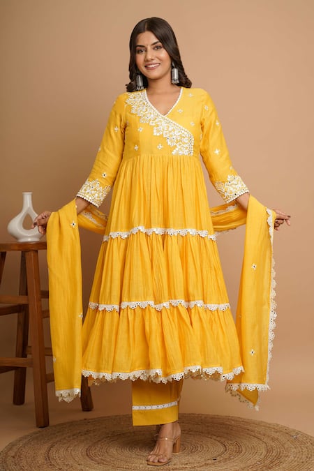 Shop Gulabik Jaipur Yellow Handloom Cotton, Chanderi Mirrors, Vine Embellished Tiered Anarkali Set Online at Aza Fashions Shop_Gulabik Jaipur_Yellow Handloom Cotton, Chanderi Mirrors, Vine Embellished Tiered Anarkali Set _Online_at_Aza_Fashions