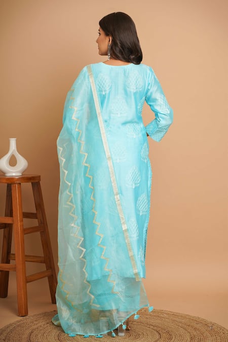 Gulabik Jaipur_Blue Chanderi, Handloom Cotton Embroidery, Lace, Tassels Damask Kurta Pant Set _Online_at_Aza_Fashions