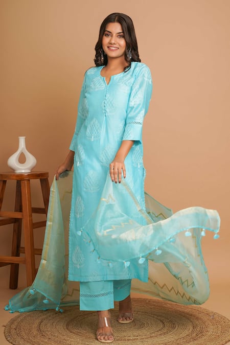Buy_Gulabik Jaipur_Blue Chanderi, Handloom Cotton Embroidery, Lace, Tassels Damask Kurta Pant Set _Online_at_Aza_Fashions