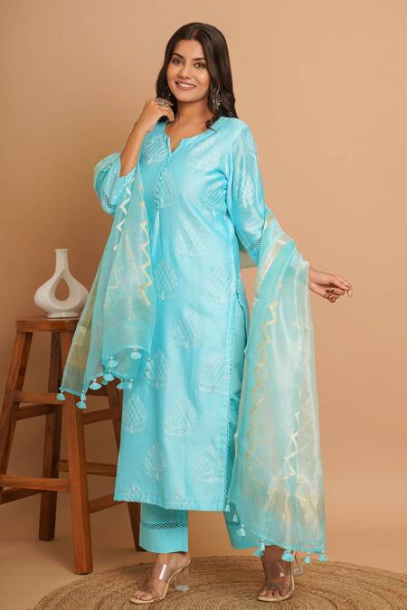 Shop_Gulabik Jaipur_Blue Chanderi, Handloom Cotton Embroidery, Lace, Tassels Damask Kurta Pant Set _Online_at_Aza_Fashions