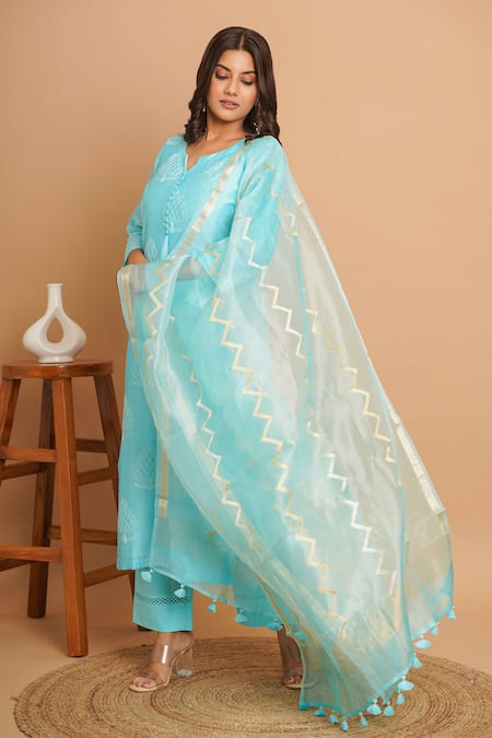Gulabik Jaipur_Blue Chanderi, Handloom Cotton Embroidery, Lace, Tassels Damask Kurta Pant Set _at_Aza_Fashions