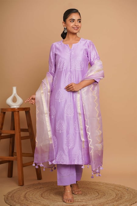 Gulabik Jaipur_Purple Chanderi, Handloom Cotton Embroidery, Lace, Damask Fleur Kurta Pant Set _Online_at_Aza_Fashions