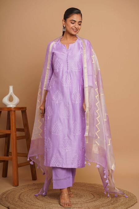 Shop_Gulabik Jaipur_Purple Chanderi, Handloom Cotton Embroidery, Lace, Damask Fleur Kurta Pant Set _Online_at_Aza_Fashions