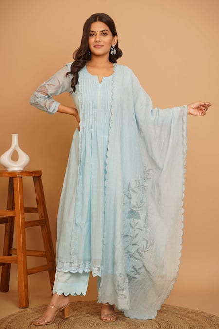 Buy_Gulabik Jaipur_Blue Chanderi Embroidery, Cut Work Round Neck Phool Garden Anarkali Set _Online_at_Aza_Fashions