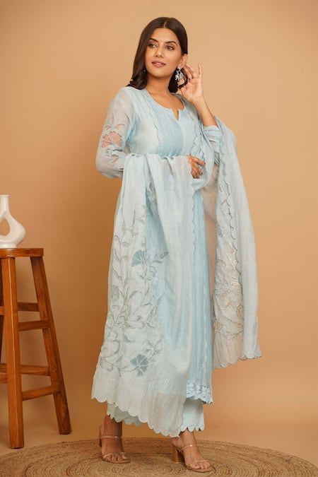 Shop_Gulabik Jaipur_Blue Chanderi Embroidery, Cut Work Round Neck Phool Garden Anarkali Set _Online_at_Aza_Fashions