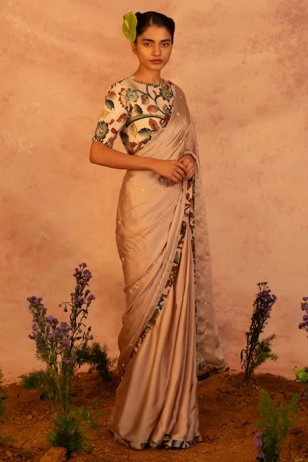 AAMRA BY LAVANYA Beige Satin Hand Embroidery Stripe Round Saree With Blouse  