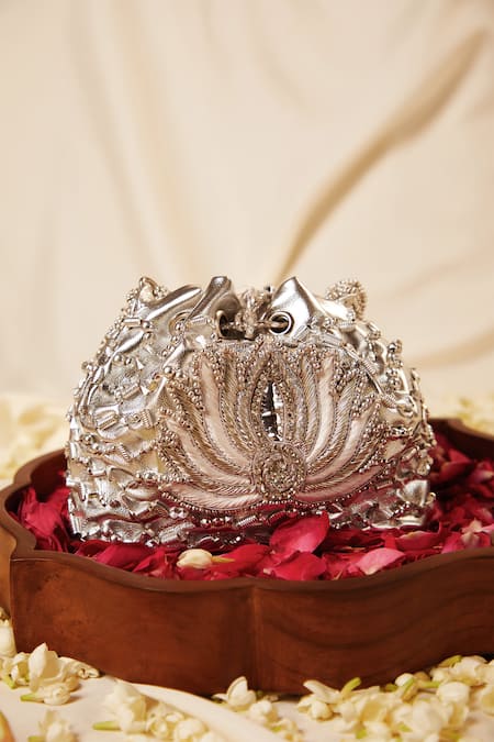 5Elements Silver Hand Embroidery Carved Lotus Potli Bag 