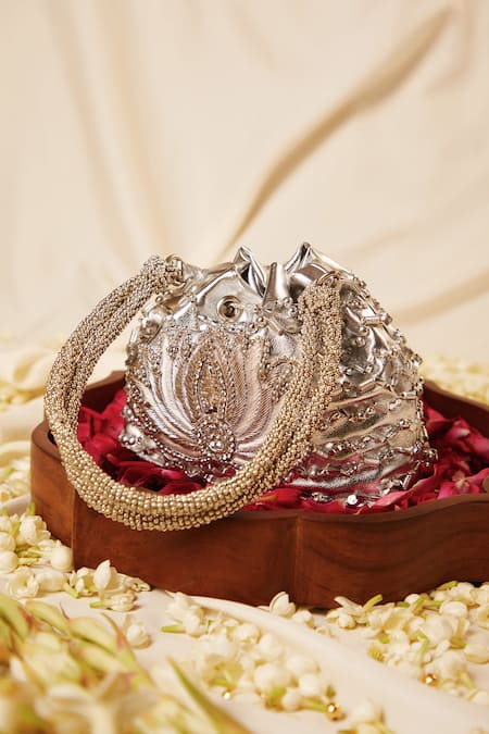 Shop_5elements_Silver Embroidery, Beads Carved Lotus Hand Potli Bag _at_Aza_Fashions