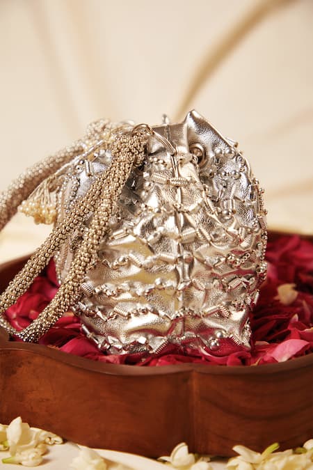 5elements_Silver Embroidery, Beads Carved Lotus Hand Potli Bag _Online_at_Aza_Fashions