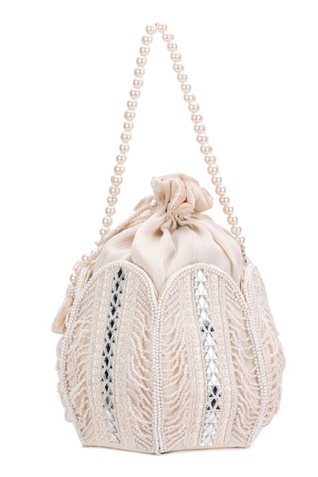 5elements White Embroidered Hedes Lotus Pearl Potli Online at Aza Fashions 5elements_White Embroidered Hedes Lotus Pearl Potli _Online_at_Aza_Fashions