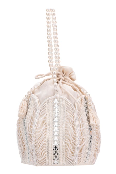 Buy 5elements White Embroidered Hedes Lotus Pearl Potli Online at Aza Fashions Buy_5elements_White Embroidered Hedes Lotus Pearl Potli _Online_at_Aza_Fashions