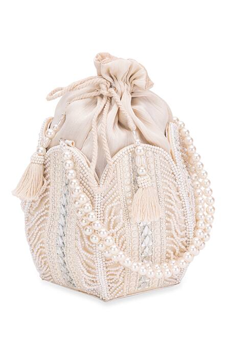 Shop 5elements White Embroidered Hedes Lotus Pearl Potli Online at Aza Fashions Shop_5elements_White Embroidered Hedes Lotus Pearl Potli _Online_at_Aza_Fashions