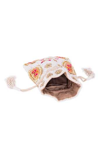 Shop 5elements White Embroidery, Gota Patti Herakles Pearl Potli Online at Aza Fashions Shop_5elements_White Embroidery, Gota Patti Herakles Pearl Potli _Online_at_Aza_Fashions