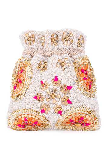 Shop 5elements White Embroidery, Gota Patti Herakles Pearl Potli at Aza Fashions Shop_5elements_White Embroidery, Gota Patti Herakles Pearl Potli _at_Aza_Fashions