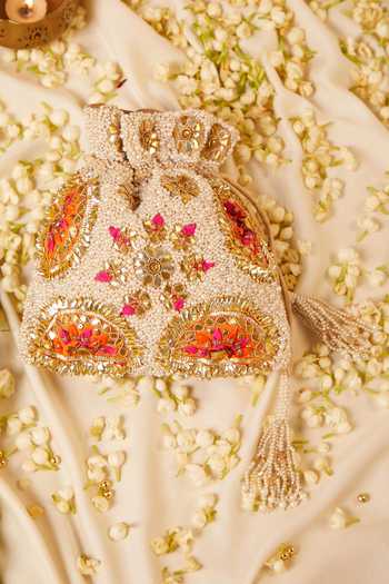 5elements White Embroidery, Gota Patti Herakles Pearl Potli at Aza Fashions 5elements_White Embroidery, Gota Patti Herakles Pearl Potli _at_Aza_Fashions
