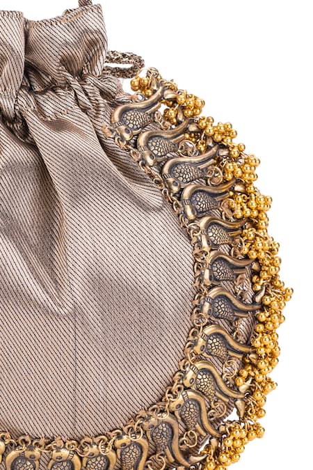 5elements Brown Embellished Leander Textured Potli Online at Aza Fashions 5elements_Brown Embellished Leander Textured Potli _Online_at_Aza_Fashions