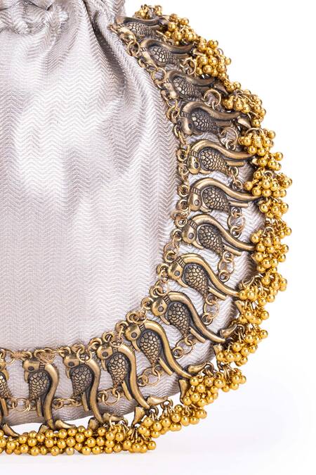 5elements_Silver Embellished Leander Metallic Potli _Online_at_Aza_Fashions