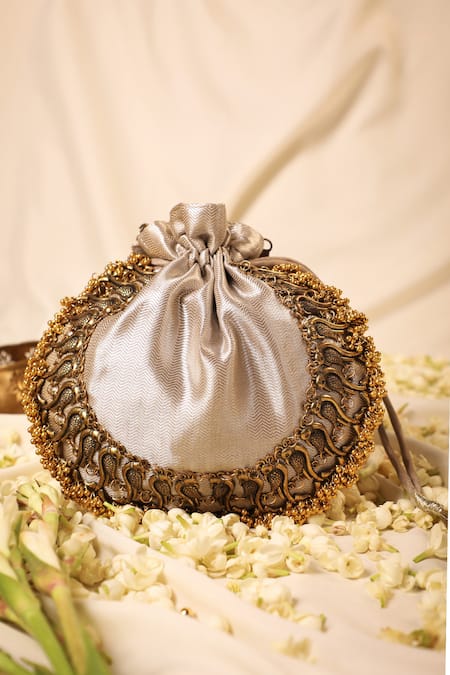 5elements_Silver Embellished Leander Metallic Potli _at_Aza_Fashions