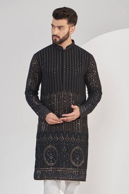 Buy_Kasbah_Black Georgette Embroidery Chikankari Kurta Set _Online_at_Aza_Fashions