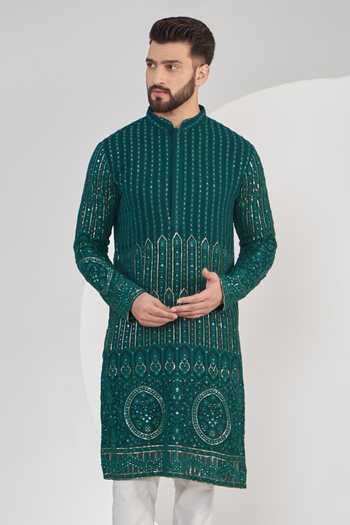 Buy_Kasbah_Green Georgette, Cotton Embroidery Chikankari Work Kurta Set _Online_at_Aza_Fashions