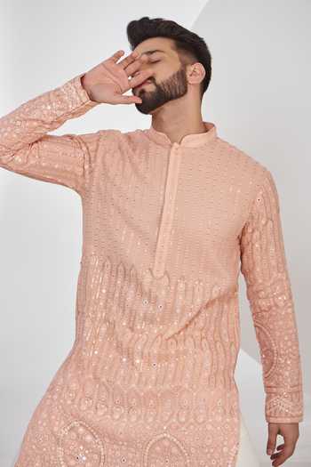 Kasbah_Peach Georgette Embroidery Chikankari Full Sleeve Kurta _Online_at_Aza_Fashions