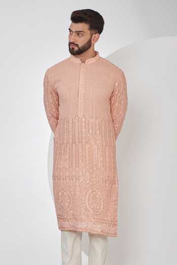 Buy_Kasbah_Peach Georgette Embroidery Chikankari Full Sleeve Kurta _Online_at_Aza_Fashions
