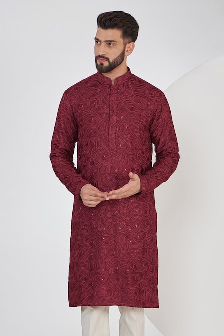 Kasbah_Maroon Silk Sequins, Embroidery Thread Kurta Set _Online_at_Aza_Fashions