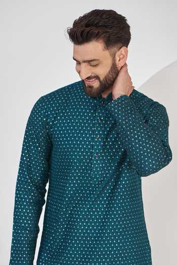 Kasbah_Blue Silk, Cotton Embroidery, Sequins Kurta Set _Online_at_Aza_Fashions