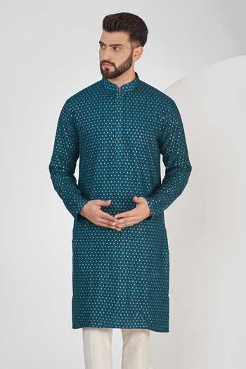 Buy_Kasbah_Blue Silk, Cotton Embroidery, Sequins Kurta Set _Online_at_Aza_Fashions